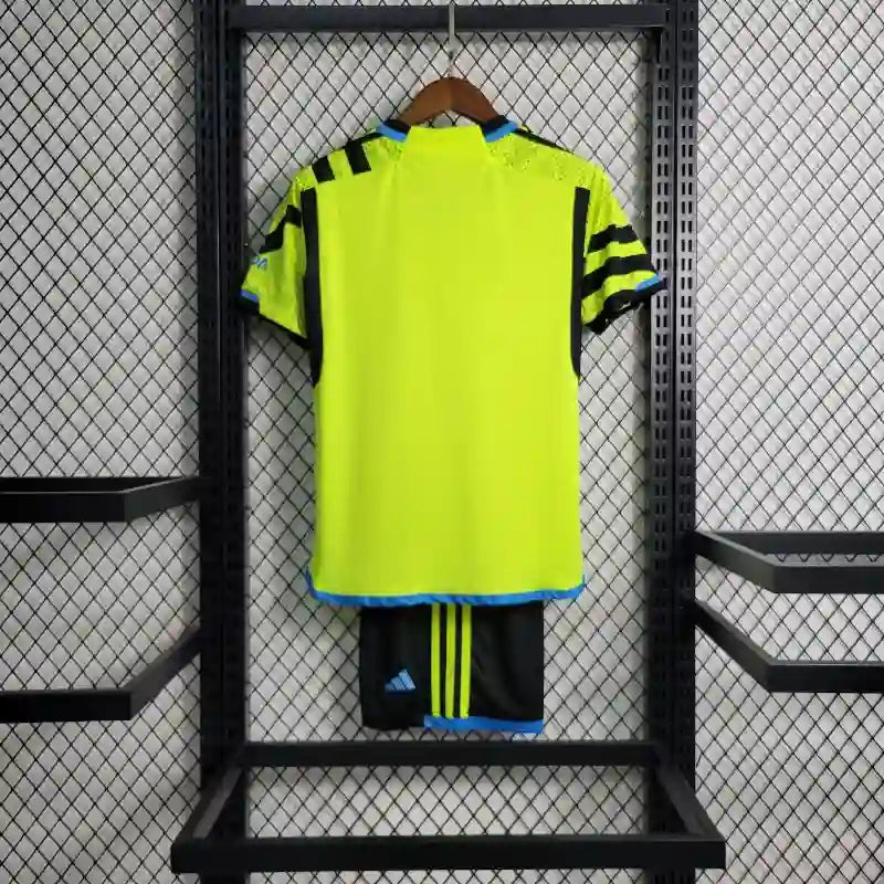 Ensemble Enfant Arsenal Extérieur 2023/2024 – Maillot + Short – Jaune Fluo ; Graphismes Noirs