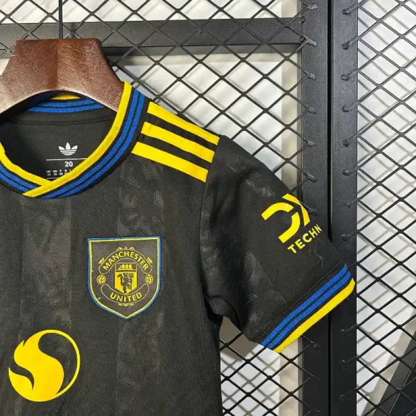 Ensemble enfant Manchester United 2025/2026 – Ensemble second éxtérieur (Noir avec Finitions Jaunes et Bleues)