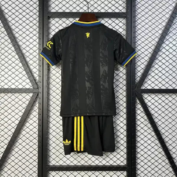 Ensemble enfant Manchester United 2025/2026 – Ensemble second éxtérieur (Noir avec Finitions Jaunes et Bleues)