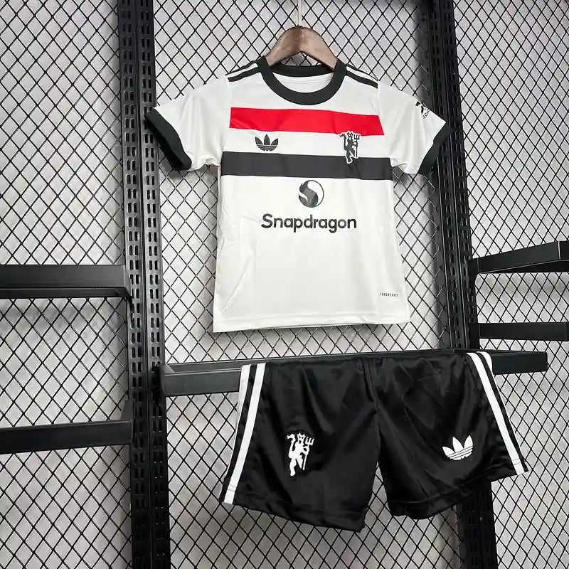 Ensemble enfant Manchester United 2024/2025 –Second Maillot Extérieur (Blanc avec Motifs Argentés)